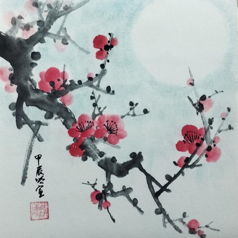 Painting Red blossom under moon by Du Mingxuan | Painting Figurative Ink, Watercolor Landscapes, Nature