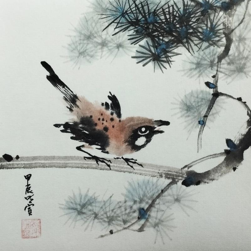 Peinture Sparrow and pine tree 2 par Du Mingxuan | Tableau Figuratif Nature Animaux Aquarelle Encre