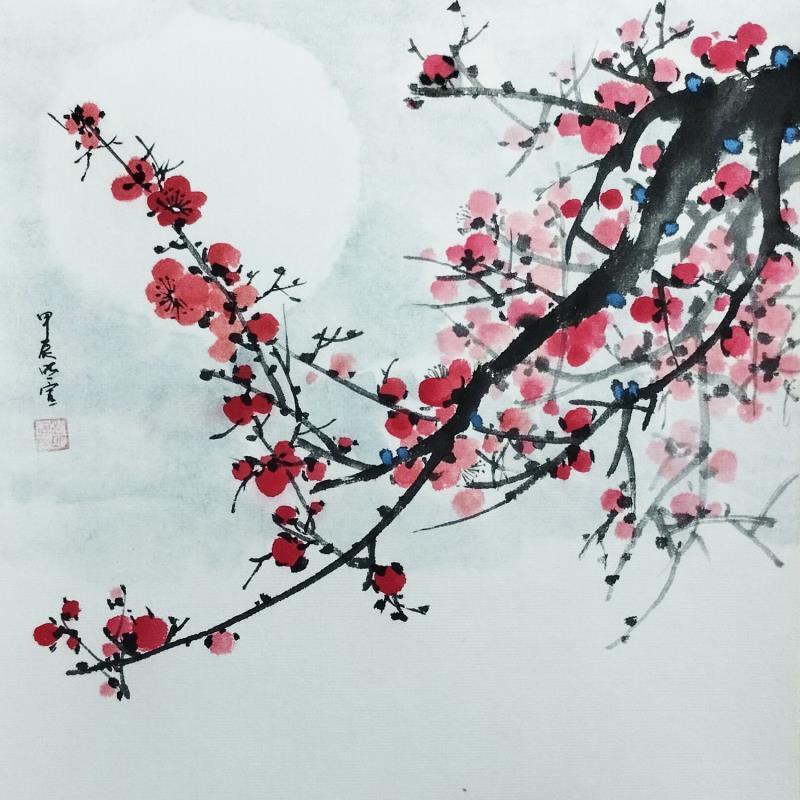 Painting Red blossom under moon 2 by Du Mingxuan | Painting Figurative Ink, Watercolor Landscapes, Nature