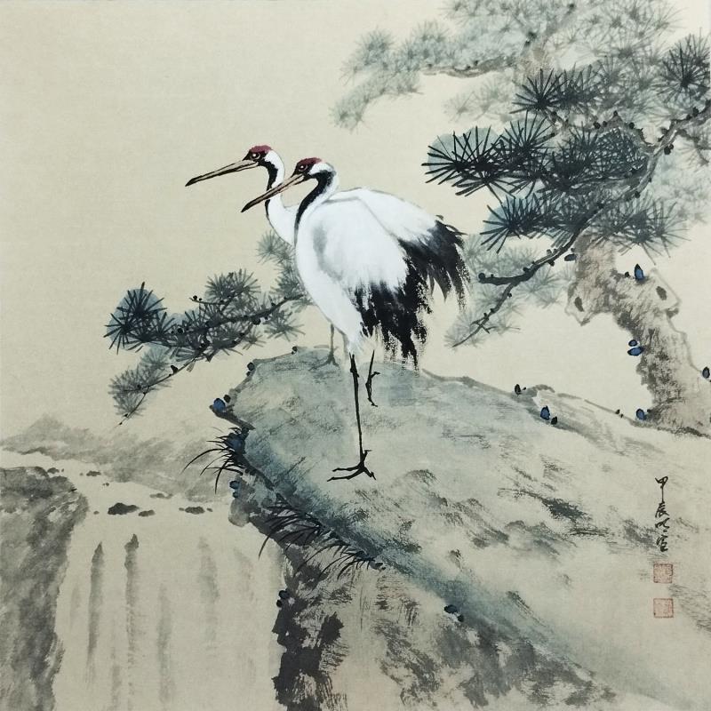 Gemälde Red-crowned cranes von Du Mingxuan | Gemälde Figurativ Landschaften Tiere Aquarell Tinte