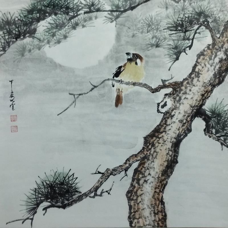 Painting Sparrow and pine tree by Du Mingxuan | Painting Figurative Ink, Watercolor Animals, Nature