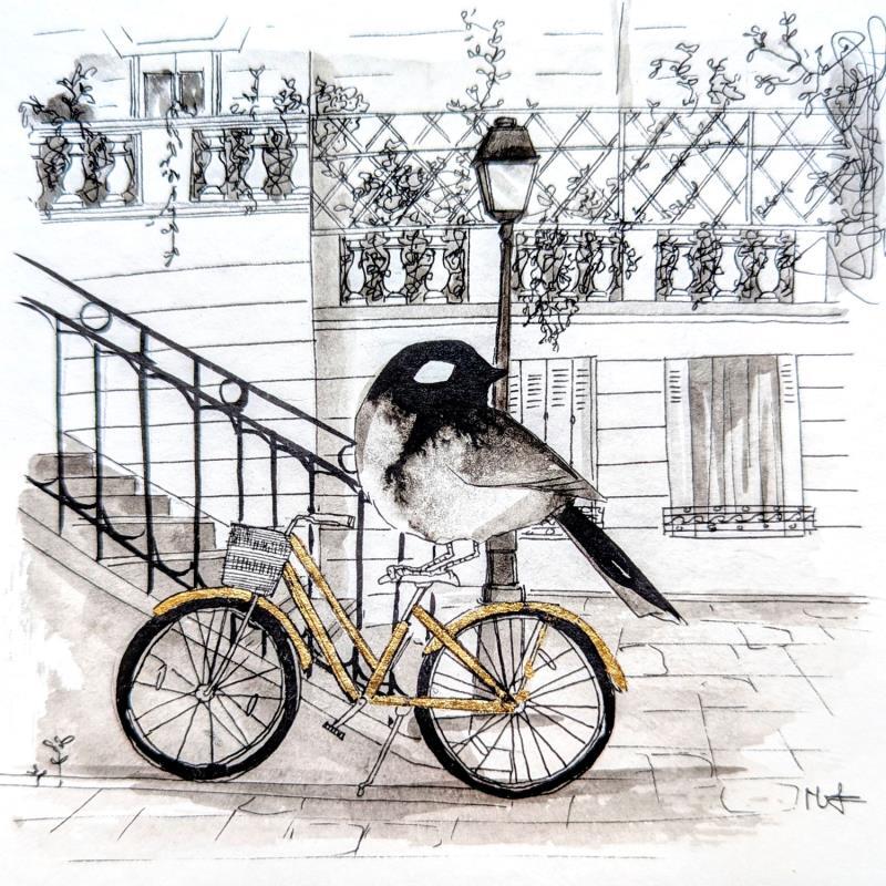 Gemälde la bicyclette von Mü | Gemälde Figurativ Blattgold, Tinte Schwarz & Weiß, Tiere, Urban