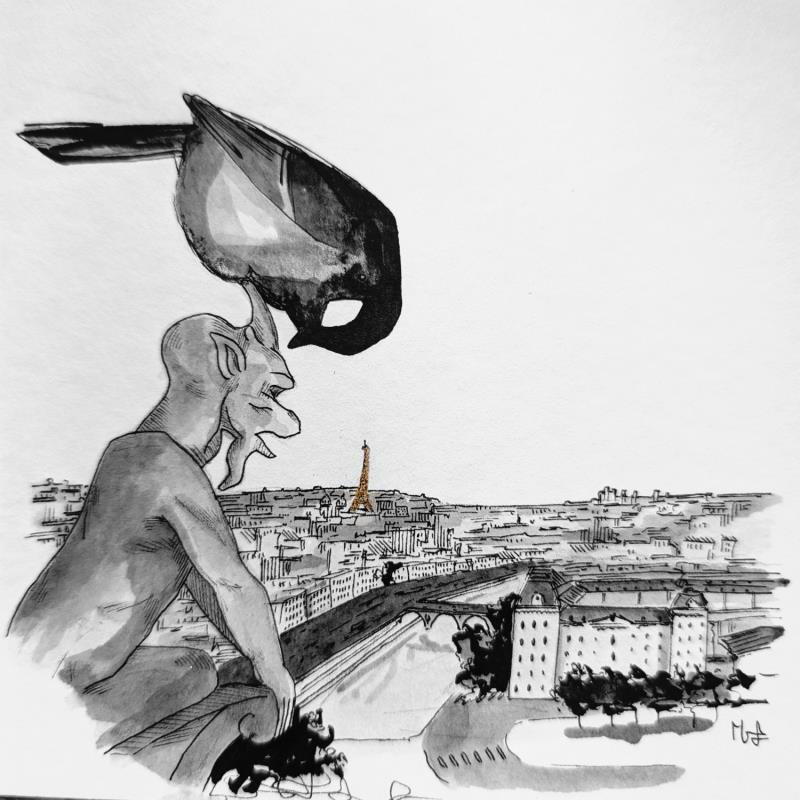 Painting Gargouille by Mü | Painting Figurative Urban Animals Black & White Ink Gold leaf