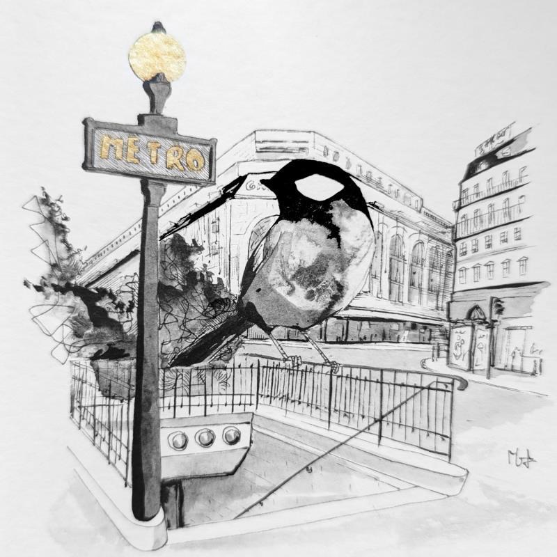 Peinture Le métro par Mü | Tableau Figuratif Urbain Architecture Noir & blanc Encre Feuille d'or