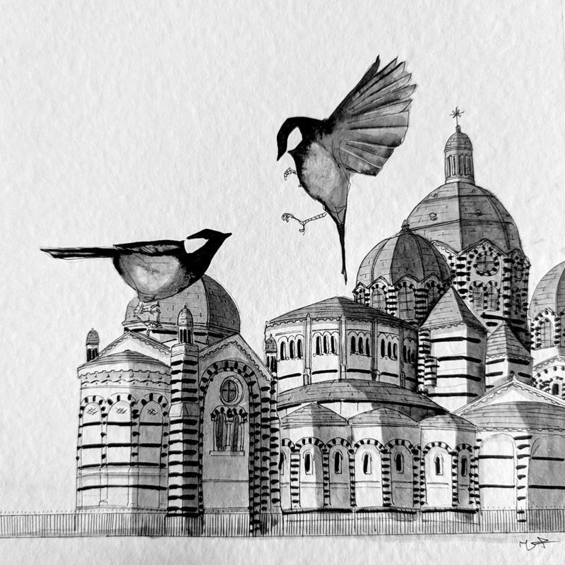 Painting Le jeu by Mü | Painting Figurative Nature Animals Architecture Ink Paper
