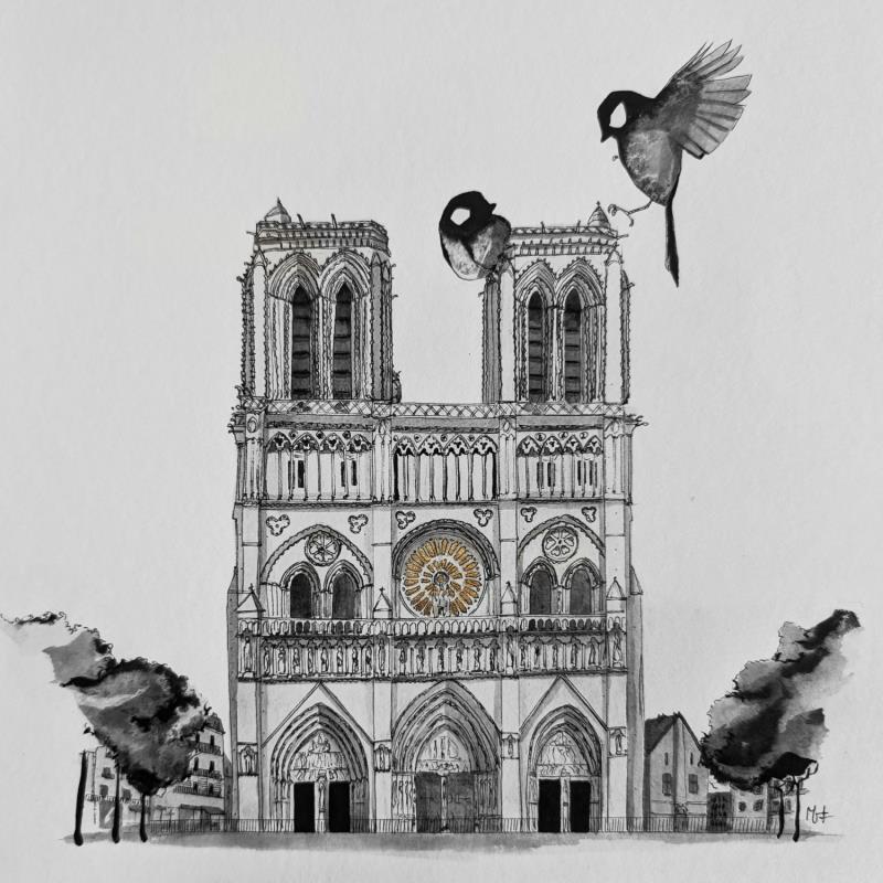 Painting Notre dame by Mü | Painting Figurative Animals Architecture Black & White Ink Gold leaf