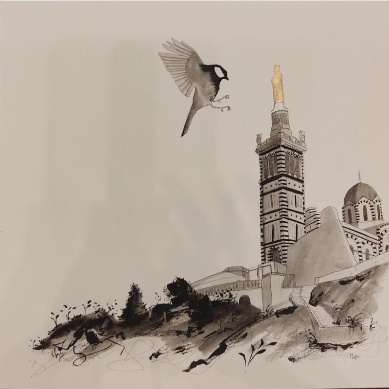 Peinture Envol à notre Dame de la Garde par Mü | Tableau Figuratif Animaux Architecture Noir & blanc Encre Feuille d'or