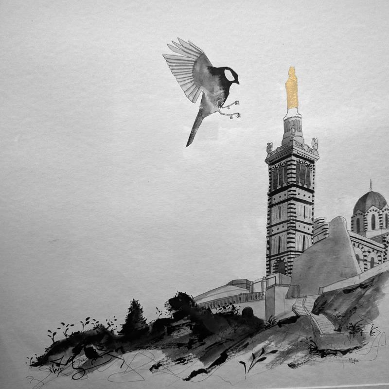 Peinture Envol à notre Dame de la Garde par Mü | Tableau Figuratif Encre, Feuille d'or Animaux, Architecture, Noir & blanc