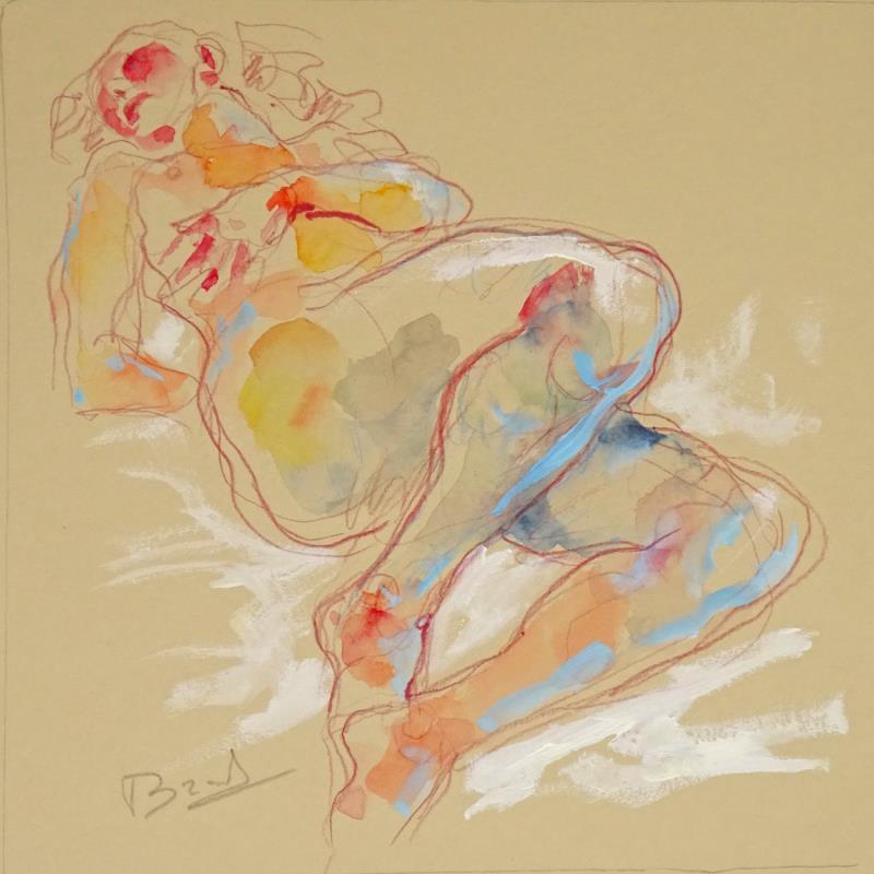 Painting Aurora couchee mains sur le ventre by Brunel Sébastien | Painting Figurative Nude Watercolor Gouache