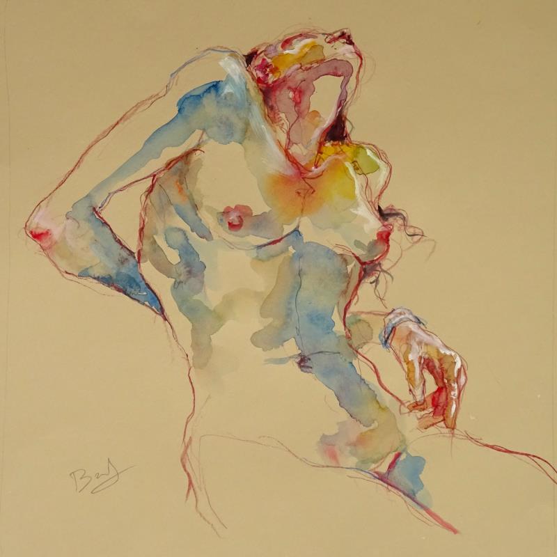 Painting Aurora regard au ciel by Brunel Sébastien | Painting Figurative Nude Watercolor Gouache