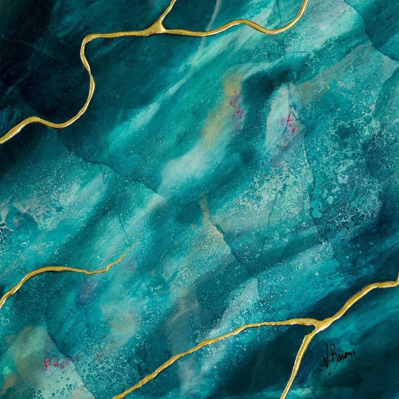 Painting Lagon turquoise by Baroni Victor | Painting Abstract Minimalist Acrylic Gold leaf