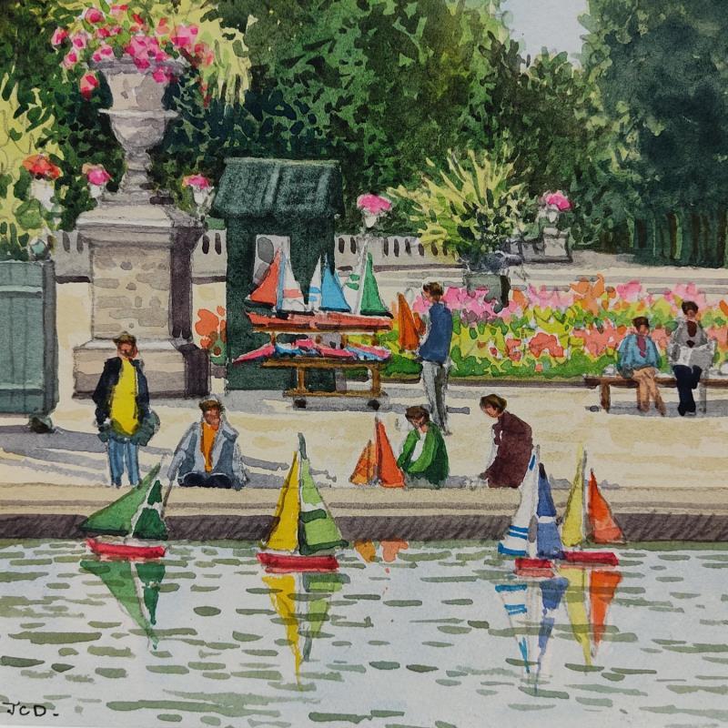 Gemälde Paris, les bateaux des jardins du Luxembourg von Decoudun Jean charles | Gemälde Figurativ Urban Aquarell