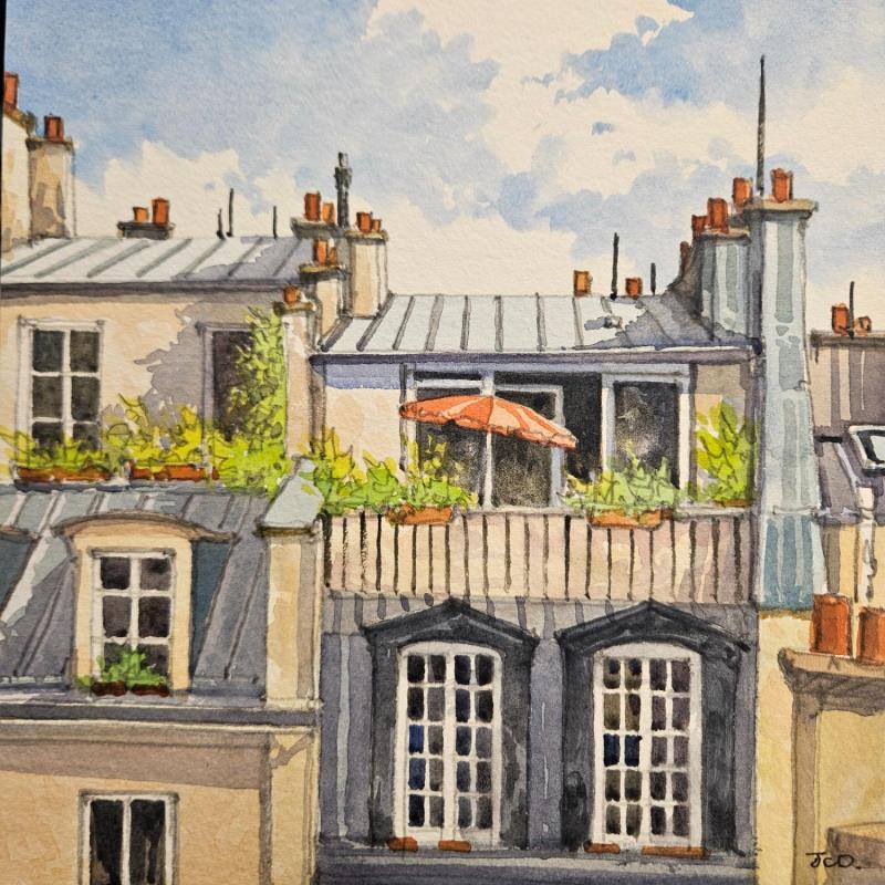 Gemälde Paris, les terrasses von Decoudun Jean charles | Gemälde Figurativ Urban Aquarell
