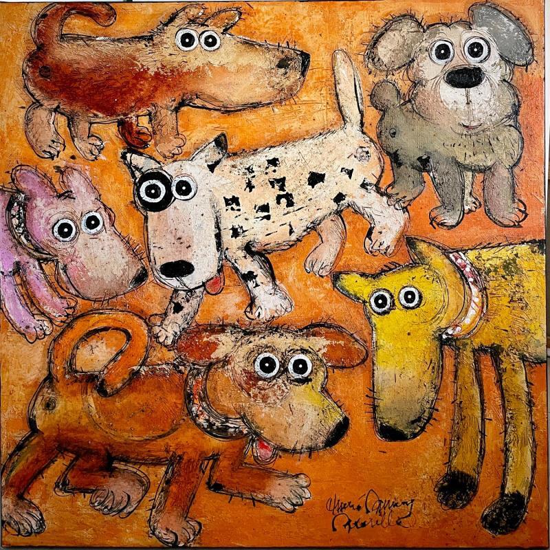 Peinture 6 Dogs in Sedona par Maury Hervé | Tableau Art Singulier Encre, Posca, Sable Animaux