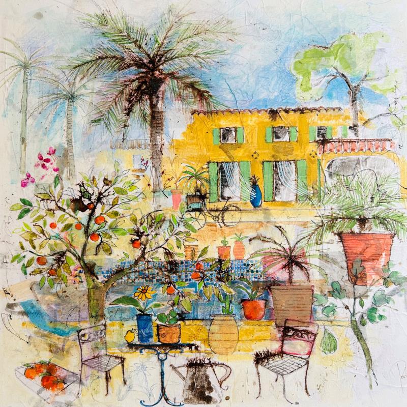 Painting La maison jaune by Colombo Cécile | Painting Naive art Landscapes Life style Nature Watercolor Acrylic Gluing Ink Pastel