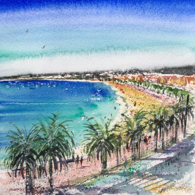 Gemälde Nice La promenade aux palmiers  von Hoffmann Elisabeth | Gemälde Figurativ Urban Aquarell