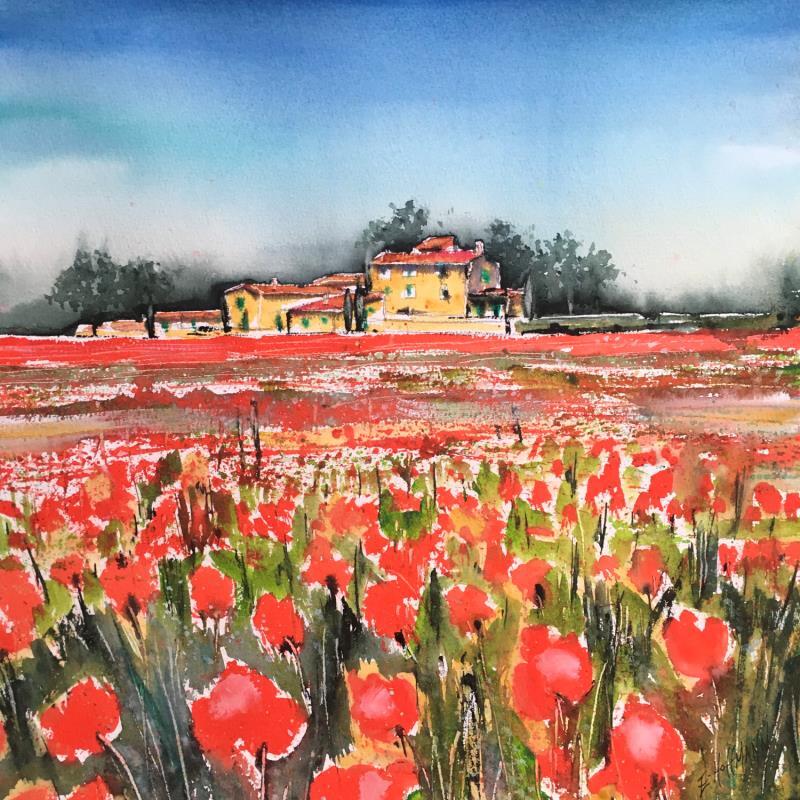 Painting Le domaine des coquelicots by Hoffmann Elisabeth | Painting Figurative Watercolor Landscapes, Nature, Urban