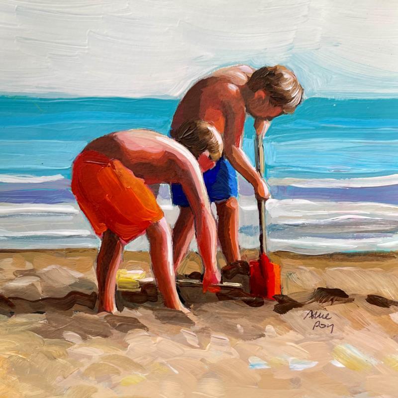Painting F1 les enfants à la pelle rouge  by Alice Roy | Painting Figurative Acrylic Life style