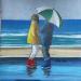 Peinture F2 le parapluie vert et blanc  par Alice Roy | Tableau Figuratif Marine Scènes de vie Huile