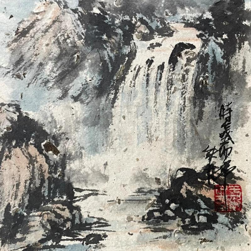 Painting Waterfall by Yu Huan Huan | Painting Figurative Ink Black & White, Landscapes