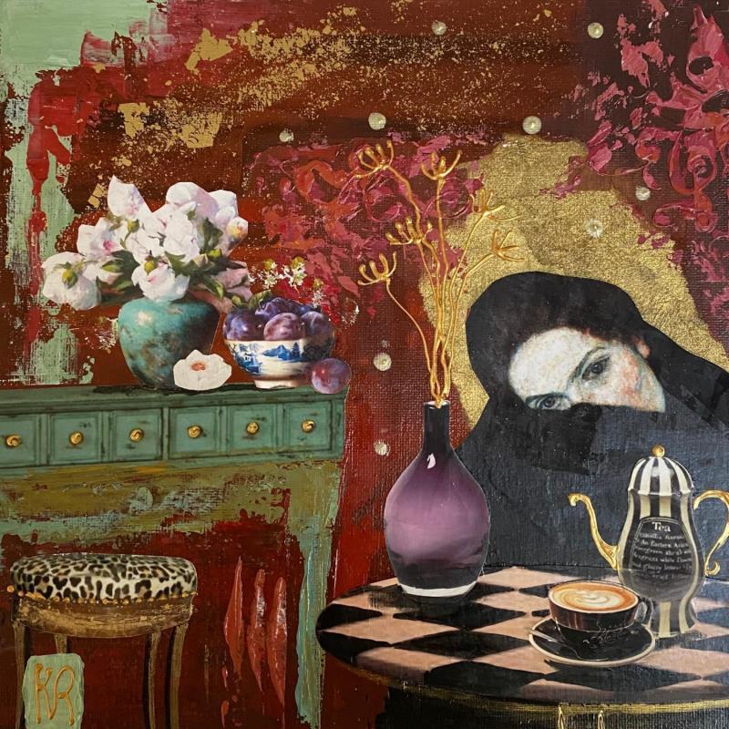 Gemälde Le thé de Sarah von Romanelli Karine | Gemälde Figurativ Porträt Alltagsszenen Acryl Collage Posca Pastell Blattgold Papier