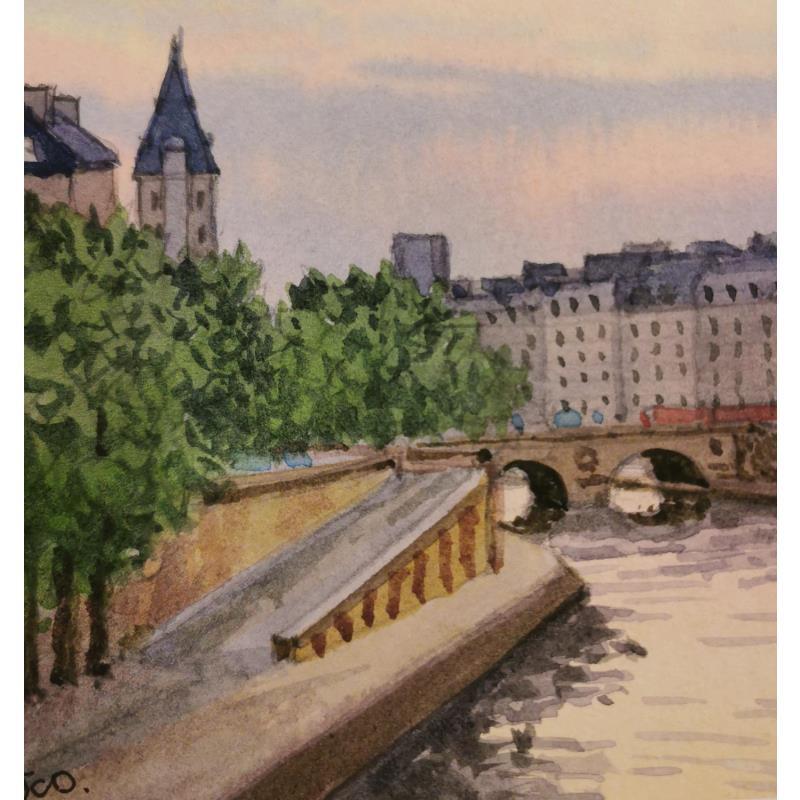 Peinture Paris Le pont Saint Michel  par Decoudun Jean charles | Tableau Figuratif Urbain Aquarelle