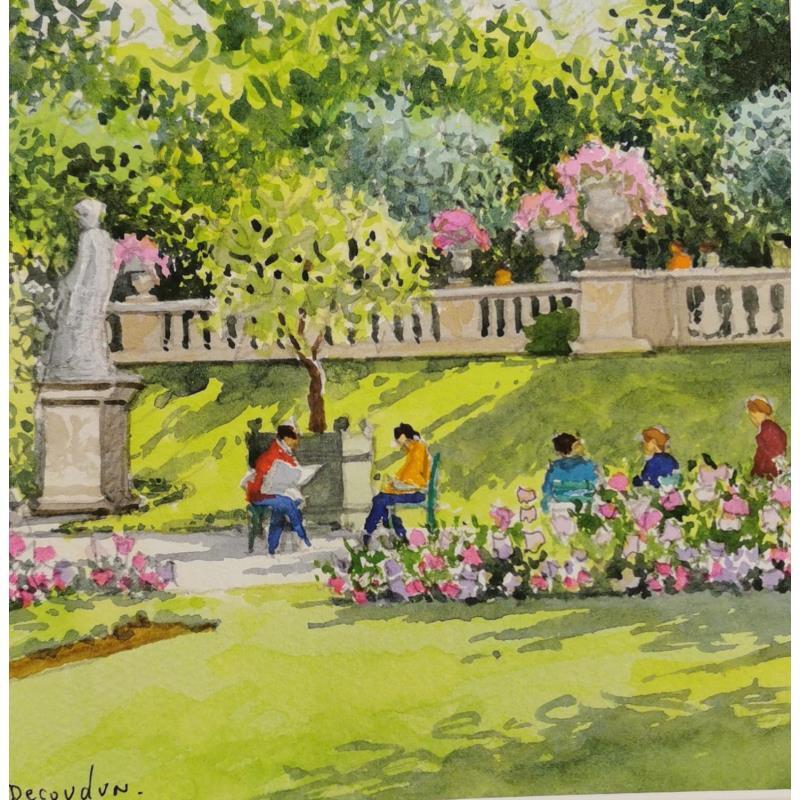 Peinture Paris Lire son journal au calme par Decoudun Jean charles | Tableau Figuratif Aquarelle Urbain