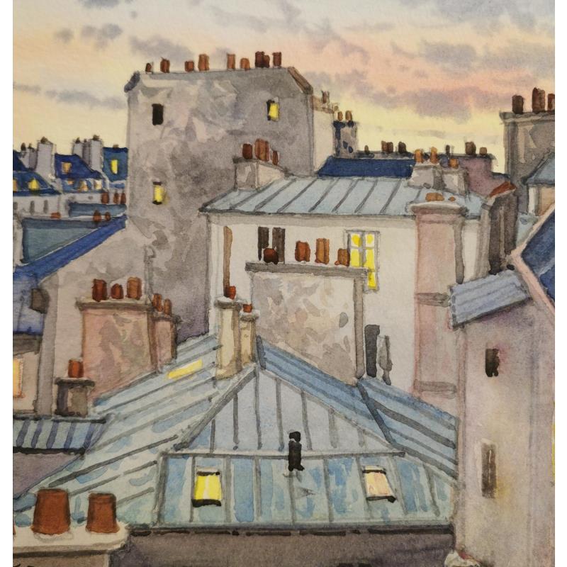 Peinture Paris Toits du soir  par Decoudun Jean charles | Tableau Figuratif Aquarelle Urbain