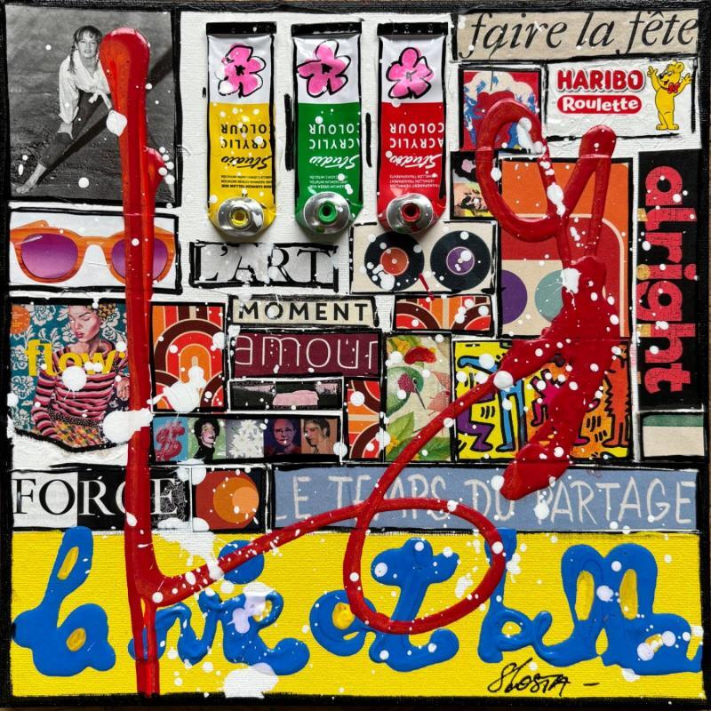 Peinture La vie est belle ! (jaune) par Costa Sophie | Tableau Pop-art Acrylique Collage Upcycling