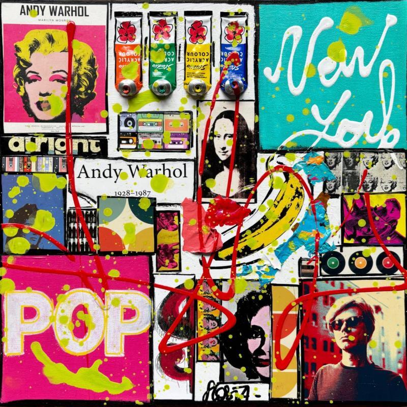 Gemälde POP NY (WARHOL) von Costa Sophie | Gemälde Pop-Art Pop-Ikonen Acryl Collage Upcycling