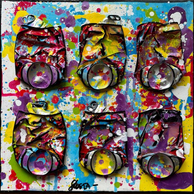 Painting Coke in party (jaune et mauve) by Costa Sophie | Painting Pop-art Acrylic Gluing Upcycling