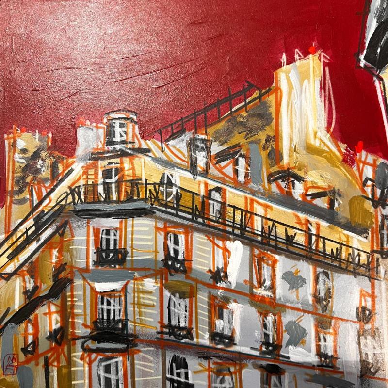 Painting En haut on boit, on mange et rit by Anicet Olivier | Painting Figurative Urban Architecture Acrylic Pastel