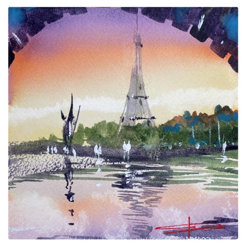 Peinture Reflets sur la Tour Eiffel par Bailly Kévin  | Tableau Figuratif Aquarelle, Encre Architecture, Urbain