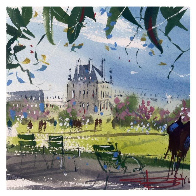 Gemälde Les jardins de Paris von Bailly Kévin  | Gemälde Figurativ Urban Architektur Aquarell Tinte