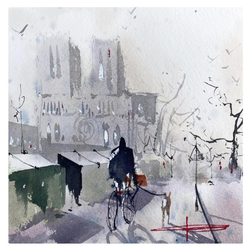 Gemälde Les quais de Notre Dame von Bailly Kévin  | Gemälde Figurativ Urban Architektur Aquarell Tinte