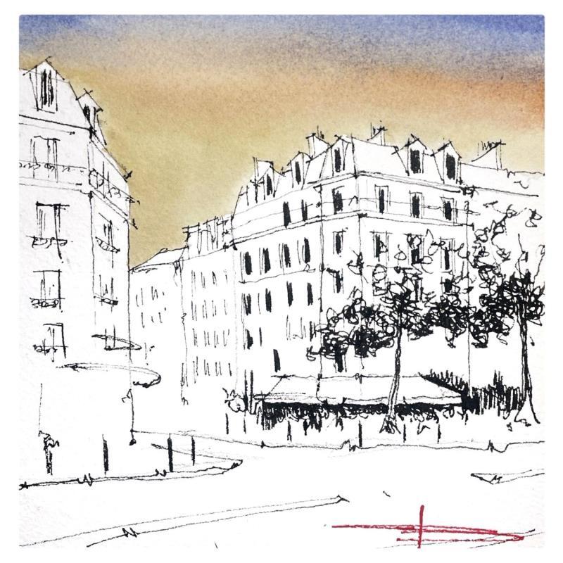 Peinture Le quartier latin de Paris  par Bailly Kévin  | Tableau Figuratif Aquarelle, Encre Architecture, Urbain