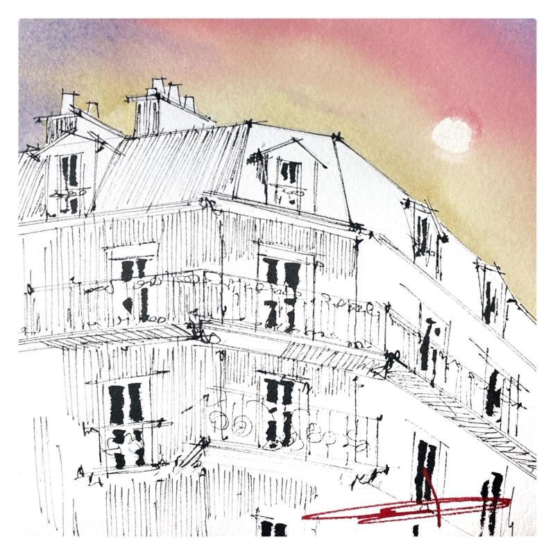 Gemälde Sous le soleil de Paris von Bailly Kévin  | Gemälde Figurativ Urban Architektur Aquarell Tinte