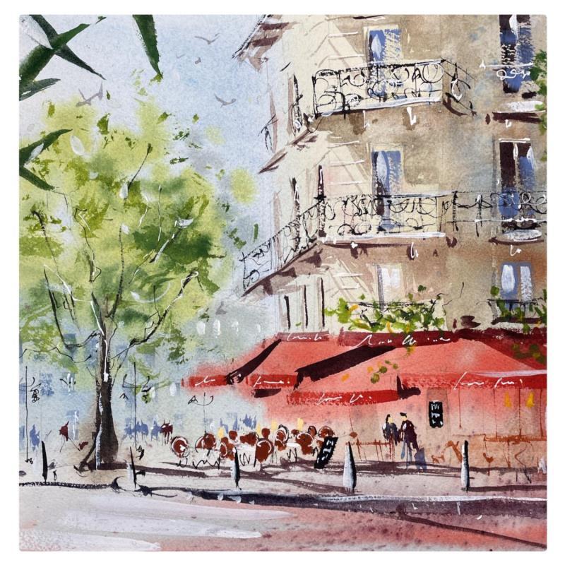 Peinture Place de café parisien  par Bailly Kévin  | Tableau Figuratif Urbain Architecture Aquarelle Encre