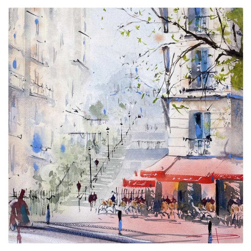 Gemälde Café la Halte de Paris  von Bailly Kévin  | Gemälde Figurativ Urban Architektur Aquarell Tinte