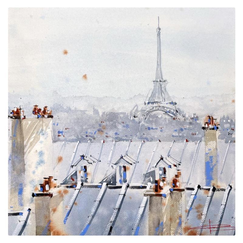 Peinture Les toits en zinc de Paris  par Bailly Kévin  | Tableau Figuratif Urbain Architecture Aquarelle Encre