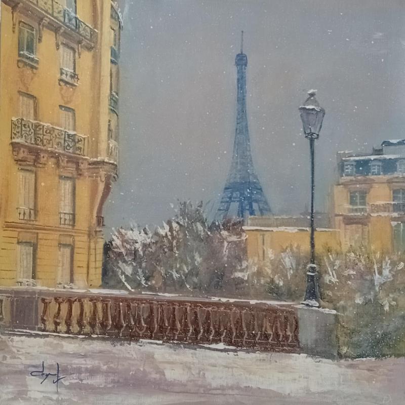 Peinture Quelques flocons sur Paris  par Degabriel Véronique | Tableau Réalisme Paysages Urbain Scènes de vie Huile