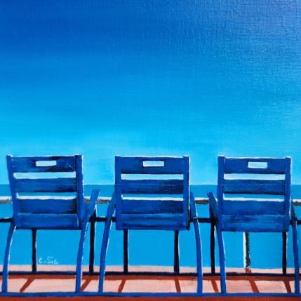 Gemälde Les sages chaises bleues  von Sie Evelyne | Gemälde Figurativ Acryl Alltagsszenen