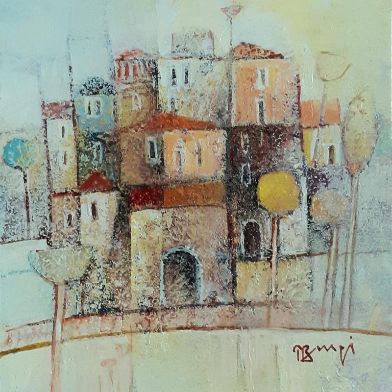 Peinture AM116 VILLAGE AUX ARBRES JAUNES par Burgi Roger | Tableau Figuratif Paysages Urbain Nature Acrylique