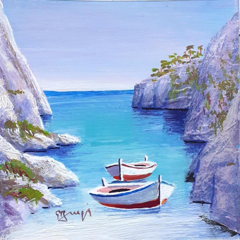 Painting AQ138 LES DEUX BARQUES  by Burgi Roger | Painting Figurative Landscapes Marine Nature Acrylic