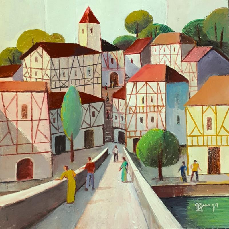 Gemälde AP114 SUR LE PONT von Burgi Roger | Gemälde Figurativ Acryl Alltagsszenen, Architektur, Urban