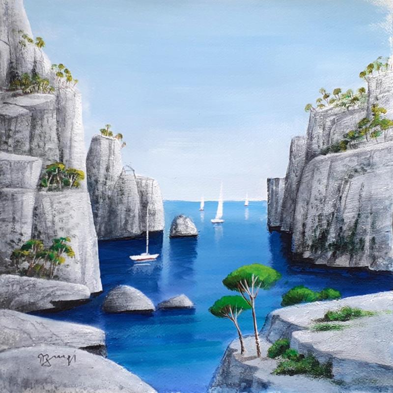 Gemälde AQ45 CALANQUE AU TROIS ILOTS von Burgi Roger | Gemälde Figurativ Landschaften Marine Acryl