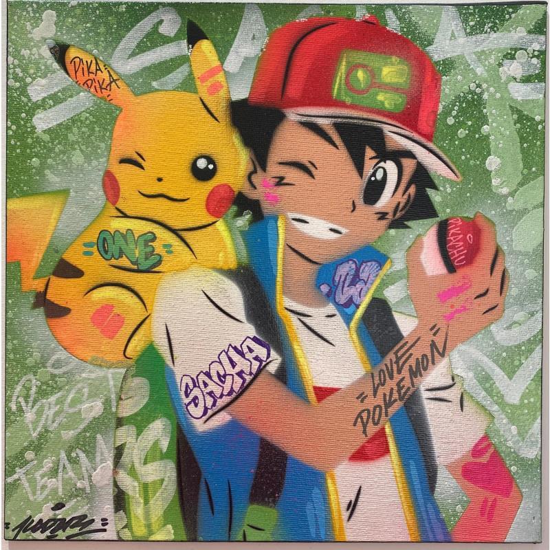 Peinture PIKACHU SACHA par Kedarone | Tableau Pop-art Icones Pop Graffiti Acrylique