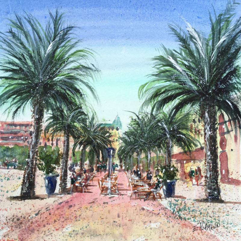Painting Toulon Allée des Palmiers  by Hoffmann Elisabeth | Painting Figurative Urban Watercolor