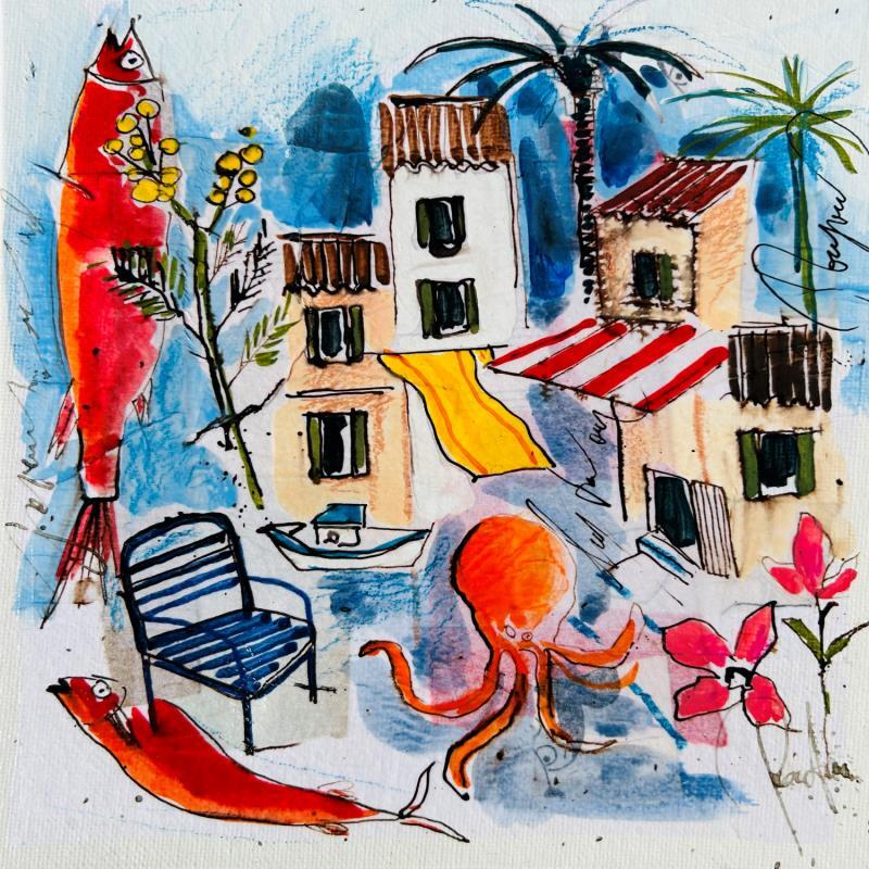 Painting Poulpe enchanté by Colombo Cécile | Painting Naive art Landscapes Nature Life style Watercolor Acrylic Gluing Ink Pastel