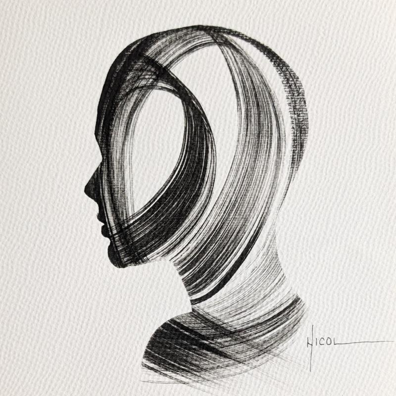 Peinture Time CCCXXI par Nicol | Tableau Figuratif Portraits Minimaliste Noir & blanc Encre Papier
